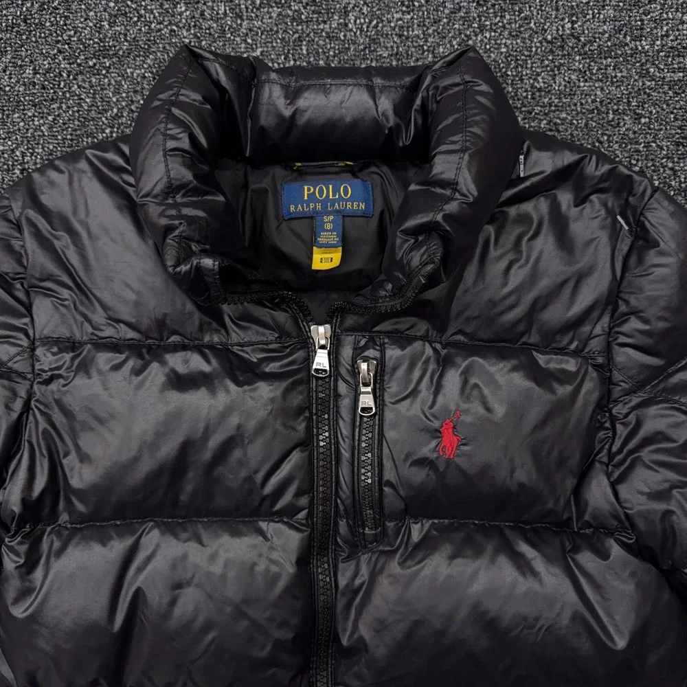Polo Ralph Lauren Kids Black Puffer Jacket Size S 8‎ Red Pony Quilted No Hood